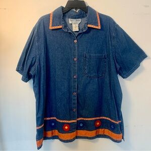vintage Delta Burke denim button-up shirt embroidered 100% Cotton Size 1X